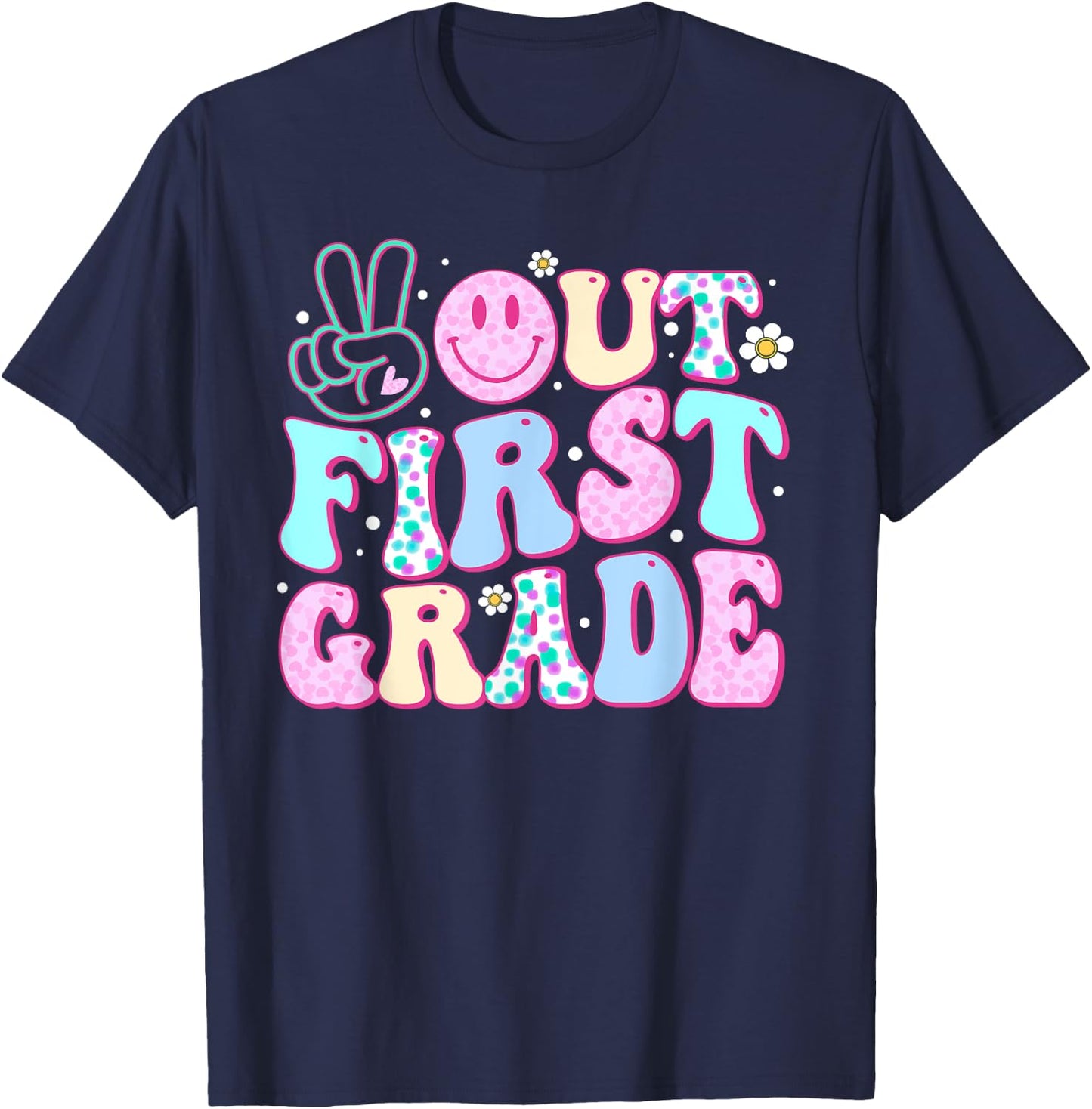 Peace Out First Grade Last Day Of School Groovy Boys Girls T-Shirt - T-Shirt | Navy