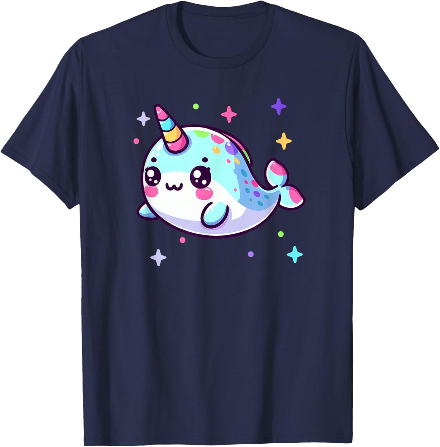 Cute Kawaii Narwhal Blue Pink Anime Sea Critter Fun T-Shirt - T-Shirt | Navy