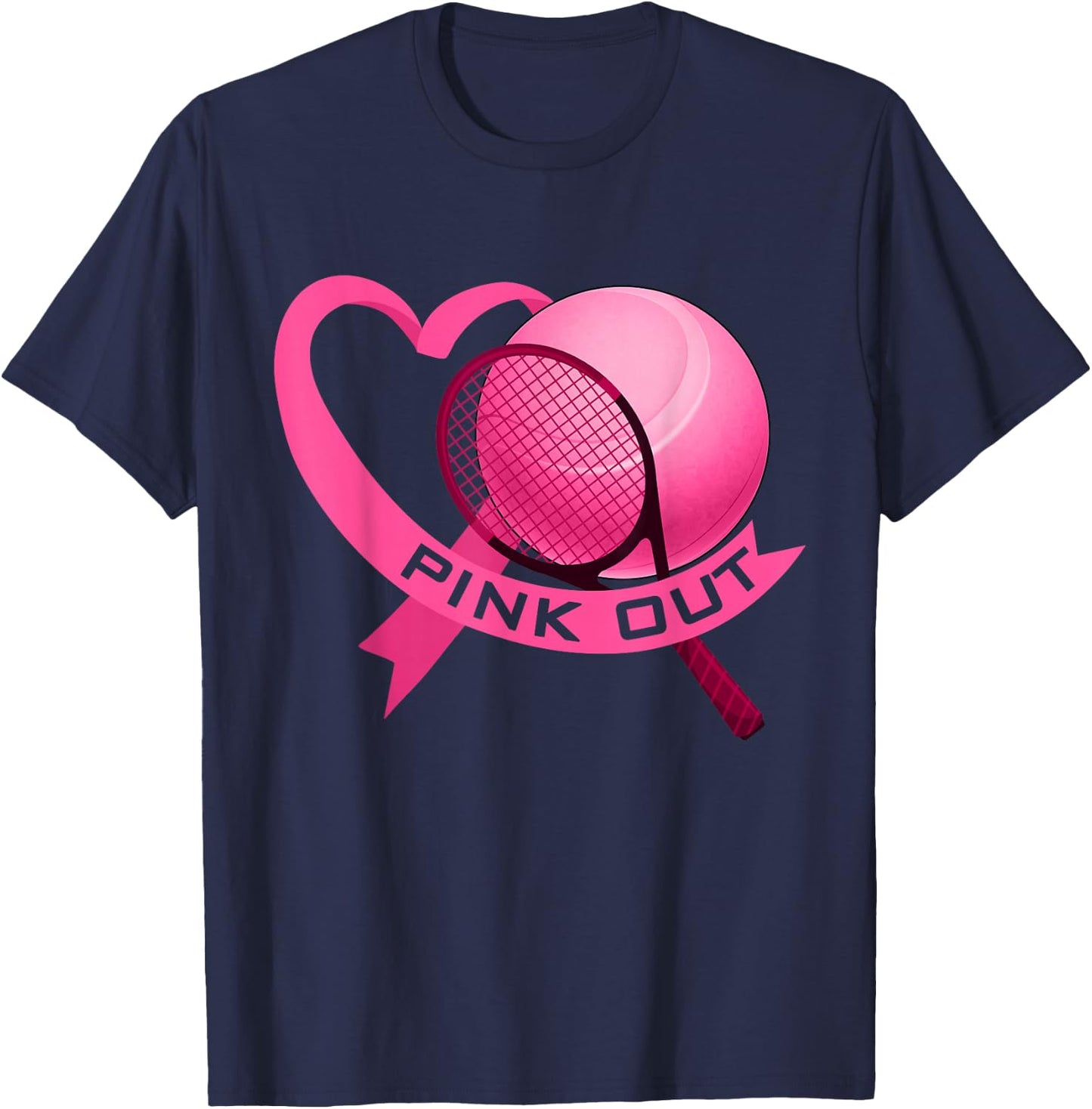 Pink Out Breast Cancer Pink Ribbon Heart With Tennis Ball T-Shirt - T-Shirt | Navy