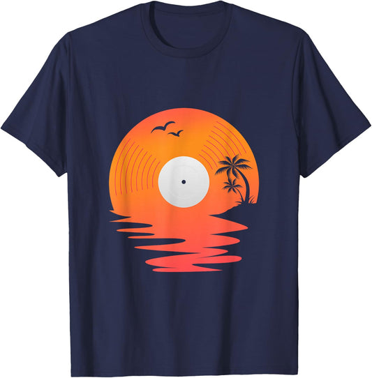 Vinyl Record Retro Disk Sea Beach Turntables Design For DJ T-Shirt - T-Shirt | Navy