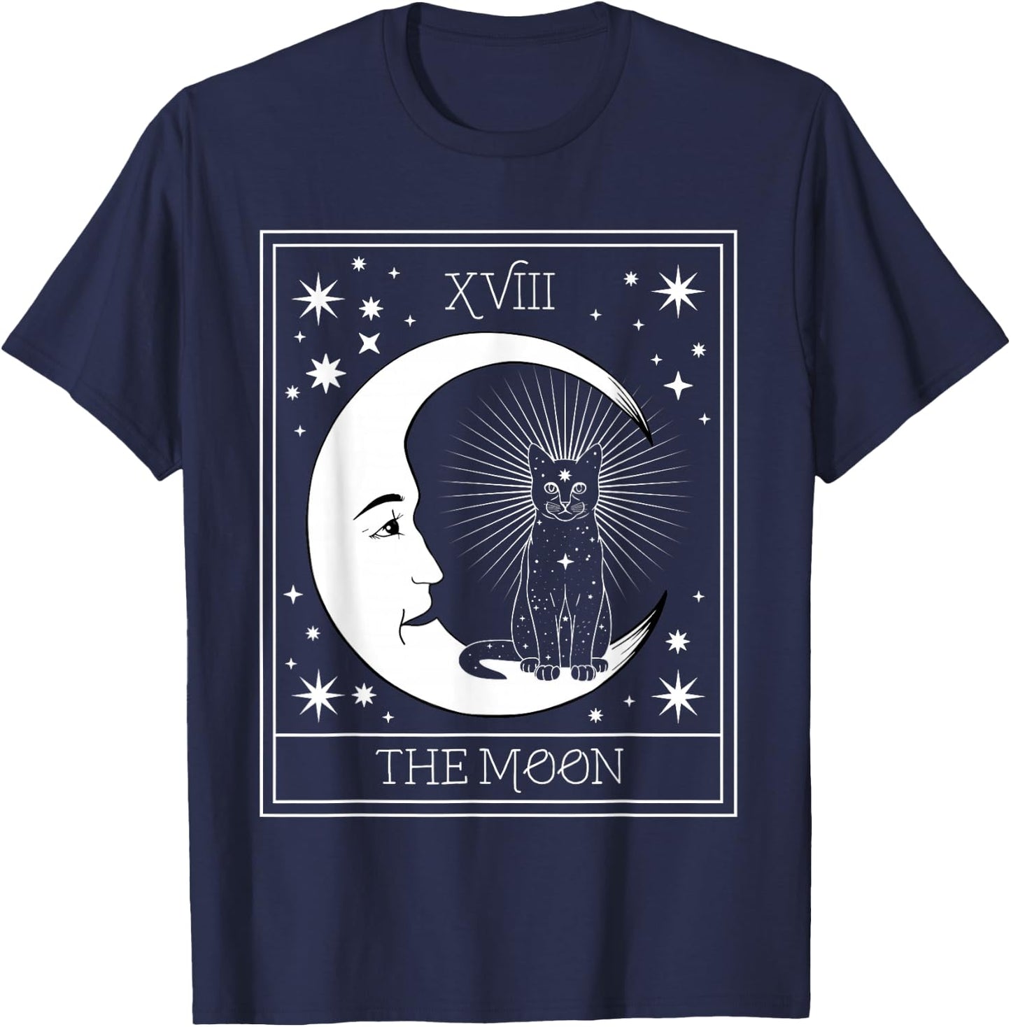Tarot Card Crescent Moon and Black Cat Cosmic Graphic T-Shirt - T-Shirt | Navy