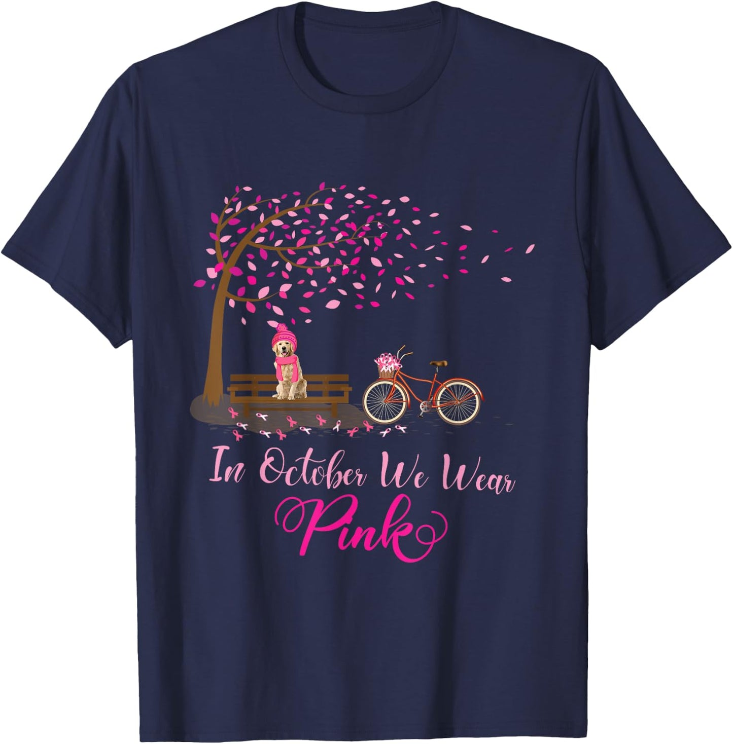 In October We Wear Pink with Golden Retriever Fall Cancer T-Shirt - T-Shirt | Navy
