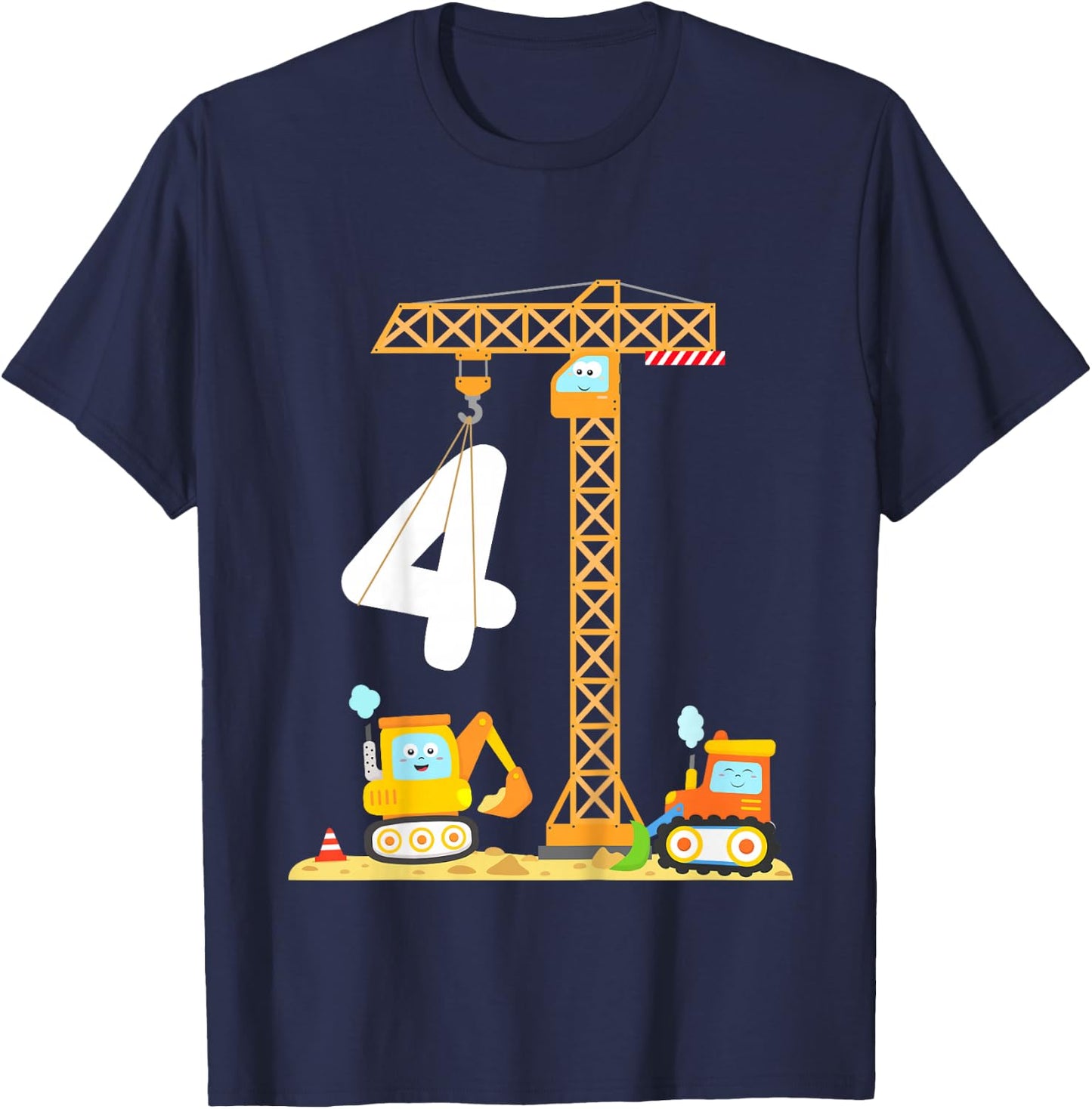 Kids Birthday 4 Year Old Boy Construction Vehicles Digger Crane T-Shirt - T-Shirt | Navy