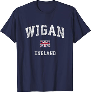 Wigan England Vintage Athletic Sports Design T-Shirt - T-Shirt | Navy