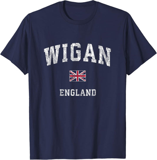Wigan England Vintage Athletic Sports Design T-Shirt - T-Shirt | Navy