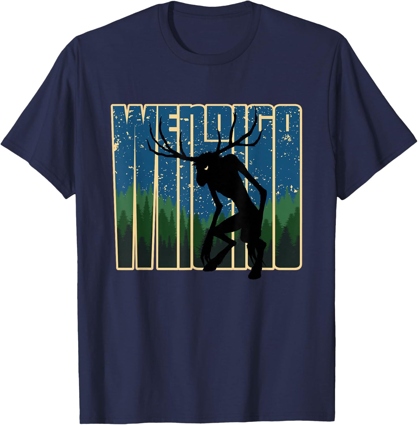 Retro Wendigo - Original Skinwalker Cryptid Spirit Artwork T-Shirt - T-Shirt | Navy