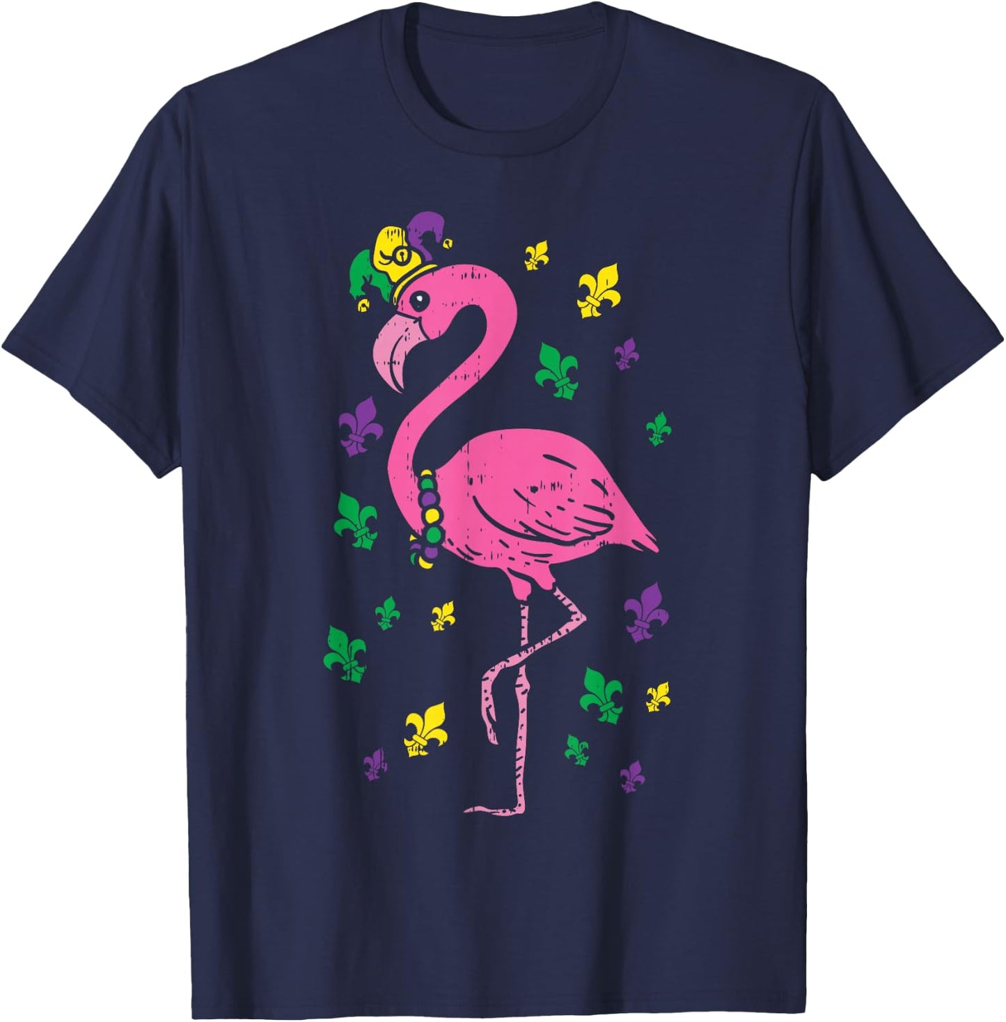 Jester Pink Flamingo Bird Animal Cute Mardi Gras Carnival T-Shirt - T-Shirt | Navy