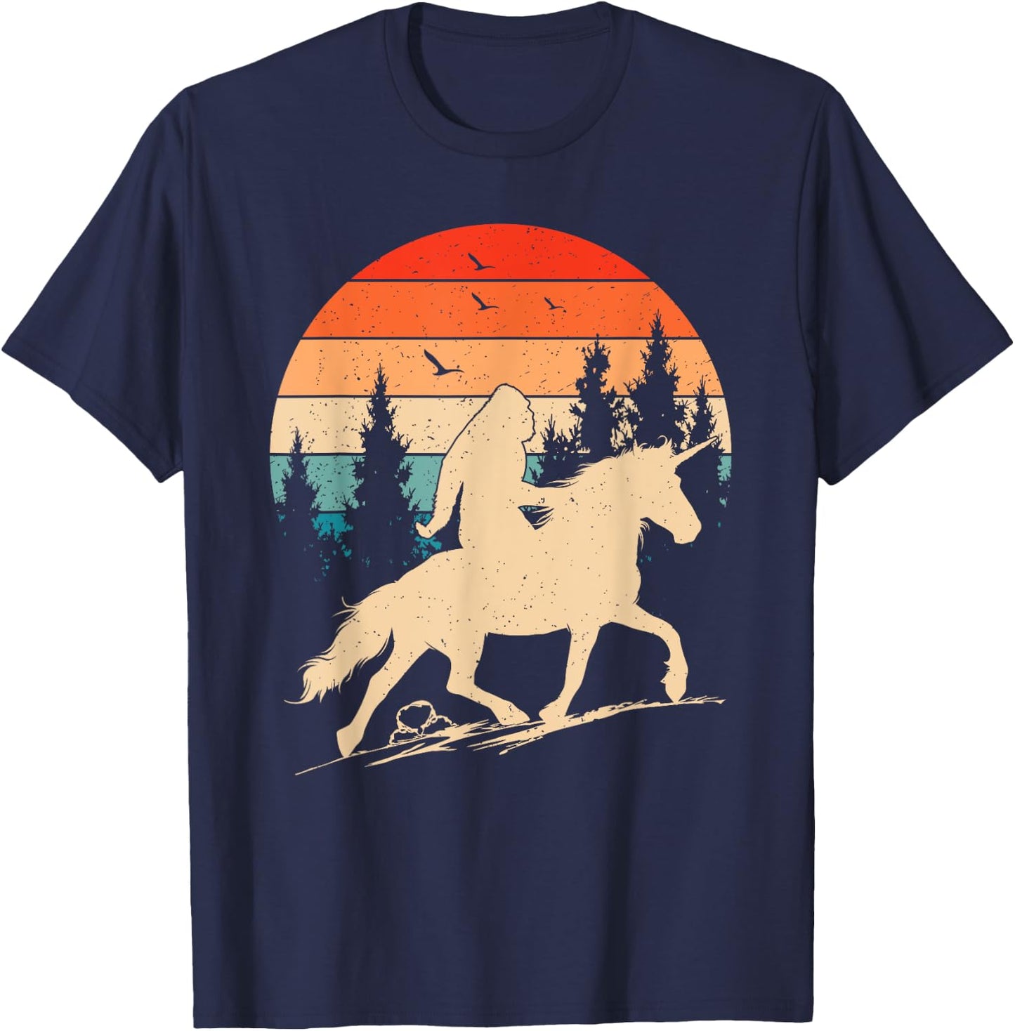 Bigfoot Riding Unicorn! Funny Sasquatch Unicorn Retro Sunset T-Shirt - T-Shirt | Navy