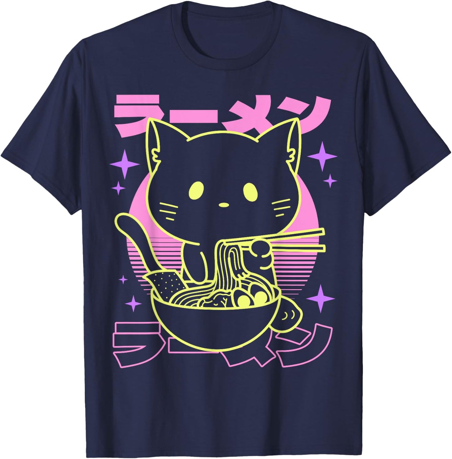 Anime Ramen Cat Japanese Retro Noodles Aesthetic Kawaii Cat T-Shirt - T-Shirt | Navy