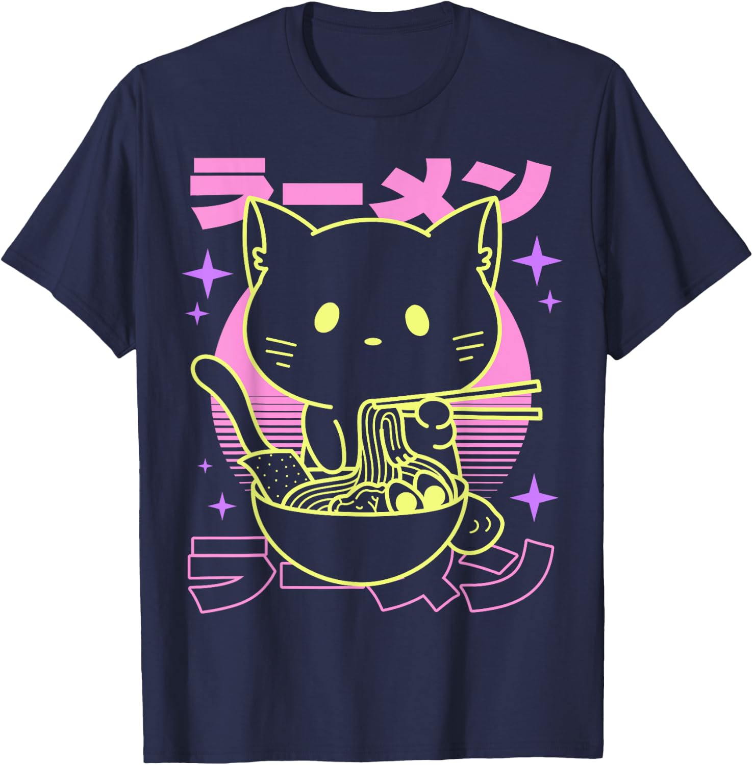 Anime Ramen Cat Japanese Retro Noodles Aesthetic Kawaii Cat T-Shirt - T-Shirt | Navy