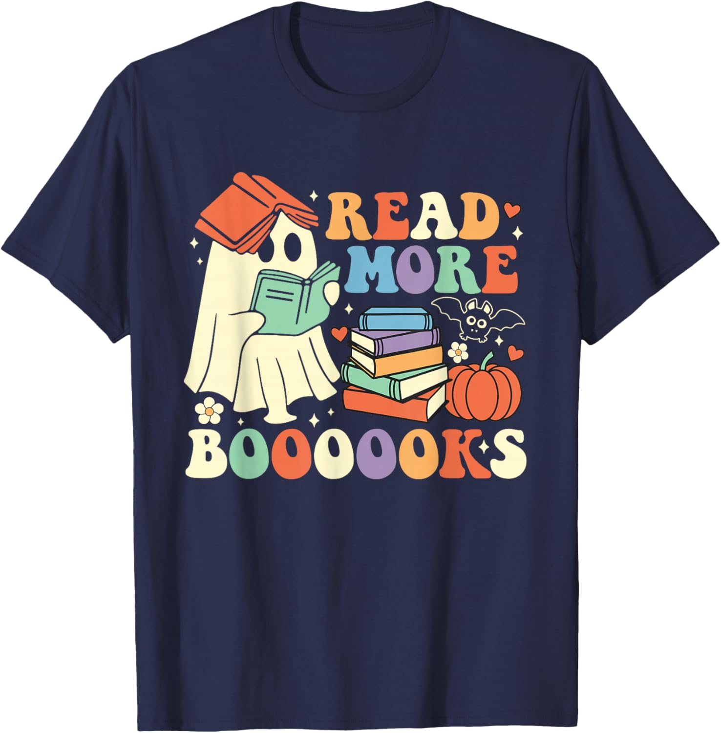 Funny Teacher Halloween Cute Booooks Ghost Read More Books T-Shirt - T-Shirt | Navy