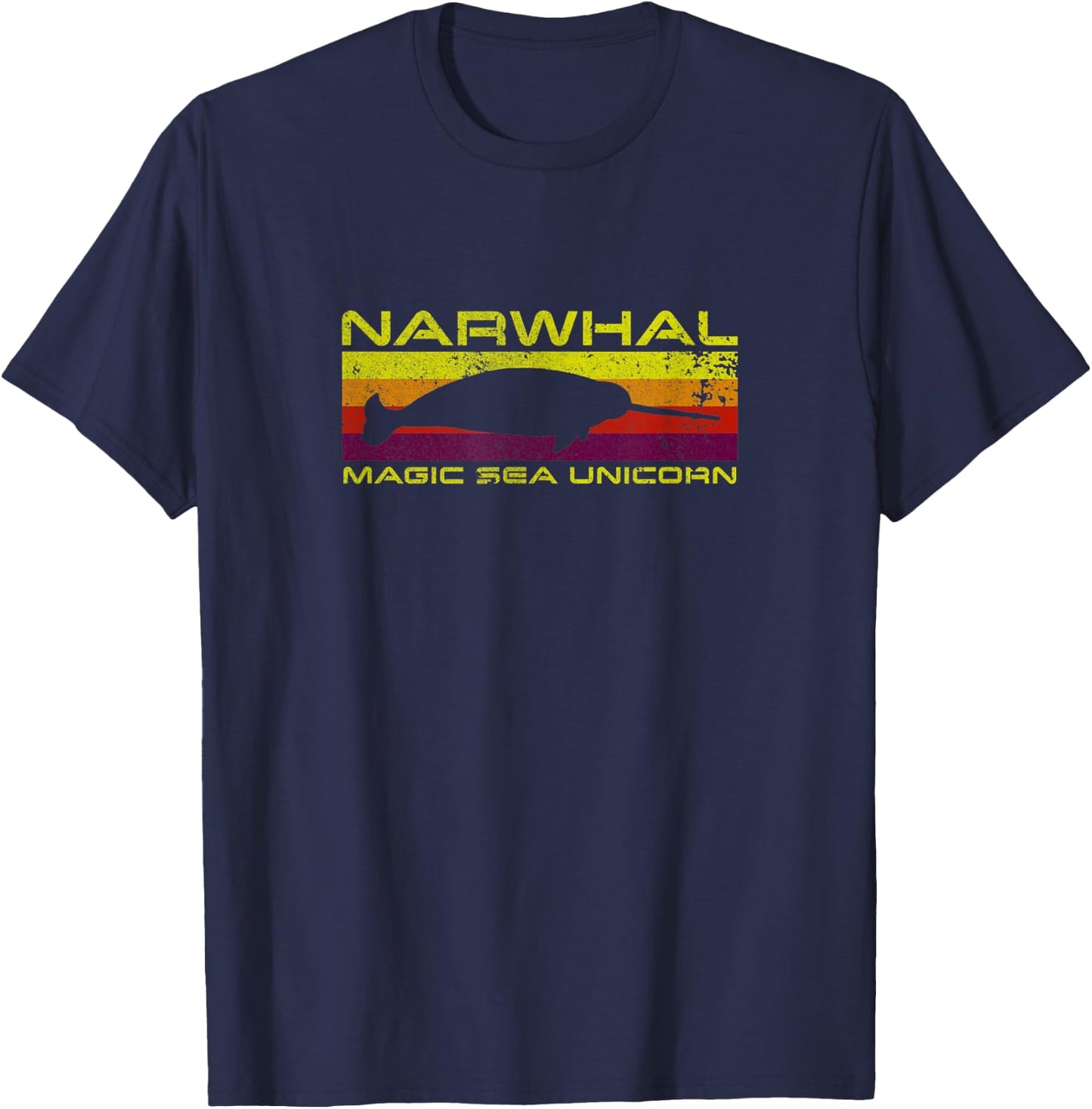Retro 1980s Narwhal Magic Sea Unicorn T-Shirt - T-Shirt | Navy