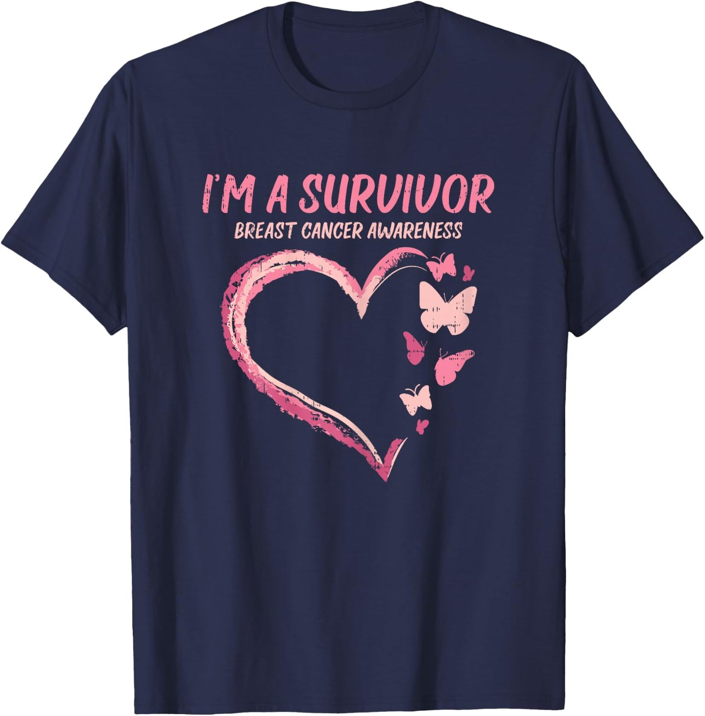 Survivor Heart Butterfly Breast Cancer Aware Support Gift T-Shirt - T-Shirt | Navy