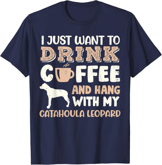 Funny Catahoula Leopard Drink Coffee Hand With Dog Mom Gift Men Women Kids T-Shirt - T-Shirt | Navy