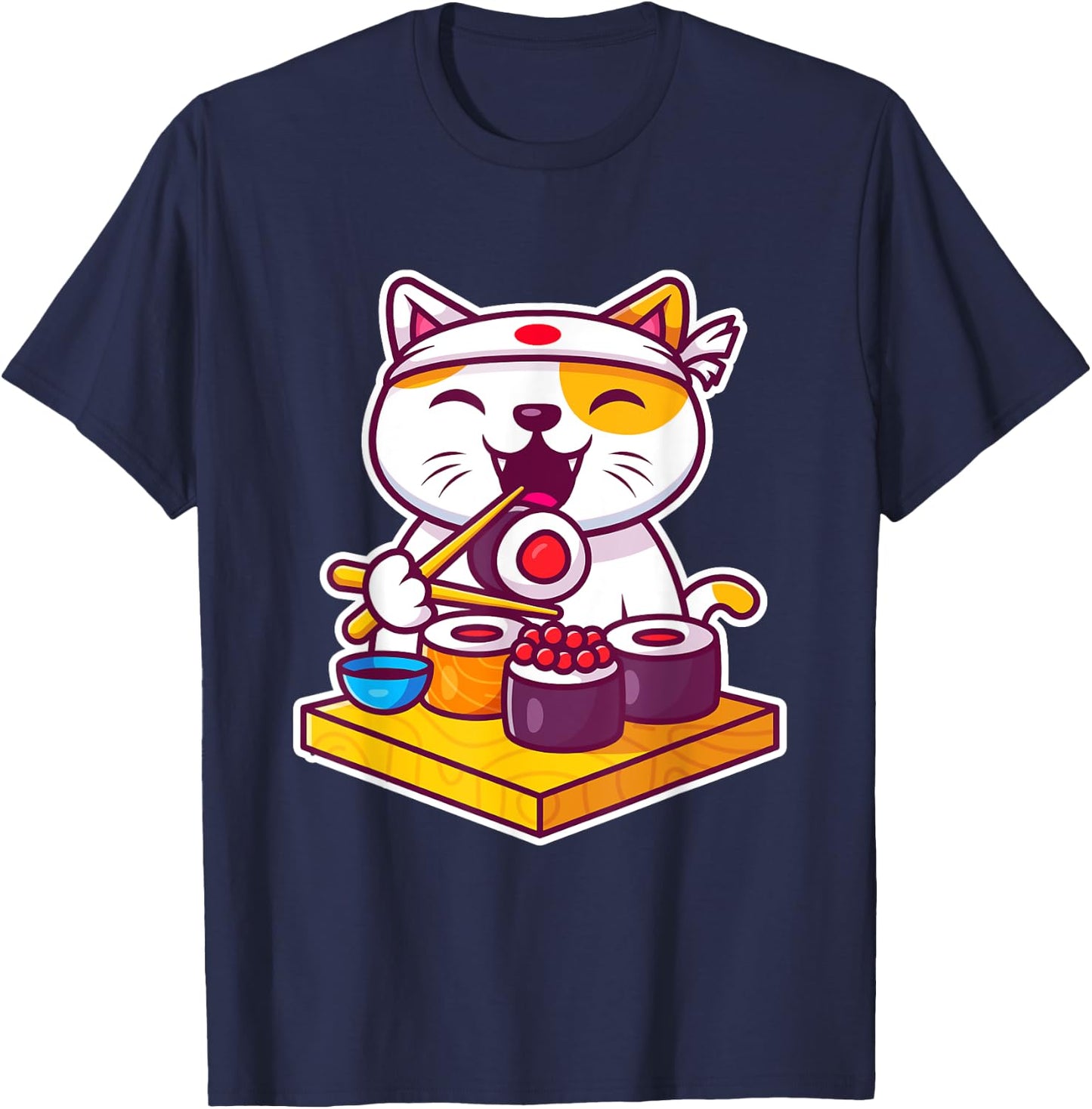 Funny Cool Sushi Cat New Look Outfit Illustration Graphic Men Women Kids T-Shirt - T-Shirt | Navy