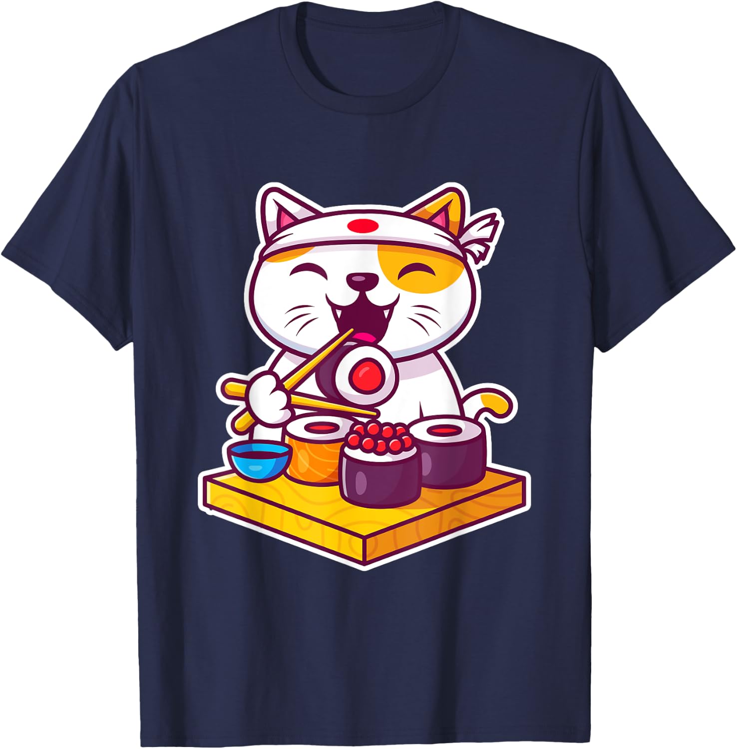 Funny Cool Sushi Cat New Look Outfit Illustration Graphic Men Women Kids T-Shirt - T-Shirt | Navy