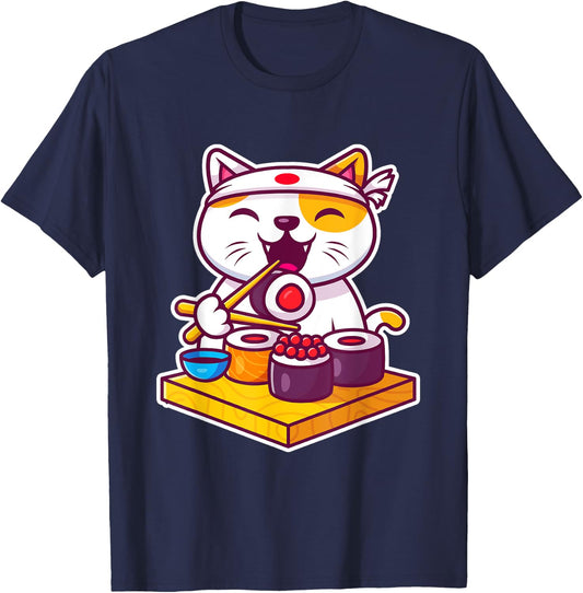 Funny Cool Sushi Cat New Look Outfit Illustration Graphic Men Women Kids T-Shirt - T-Shirt | Navy