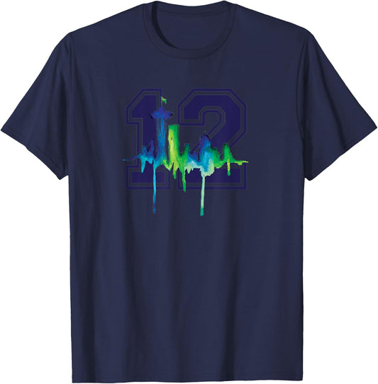 Seattle Football Fan - city skyline 12 watercolor T-Shirt - T-Shirt | Navy