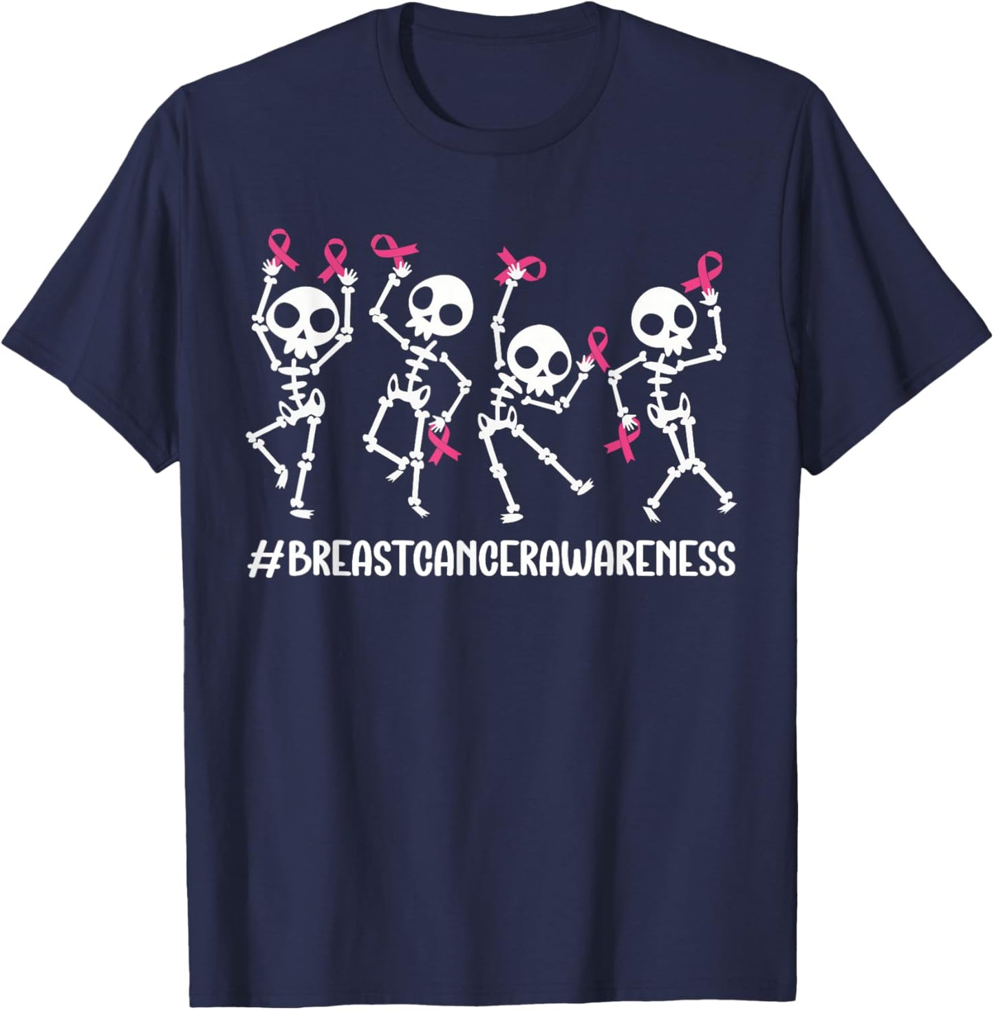 Pink Ribbon Breast Cancer Awareness Skeleton Women Men Kids T-Shirt - T-Shirt | Navy