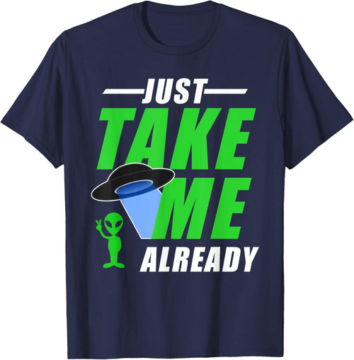 Funny Green Alien With UFO Take Me