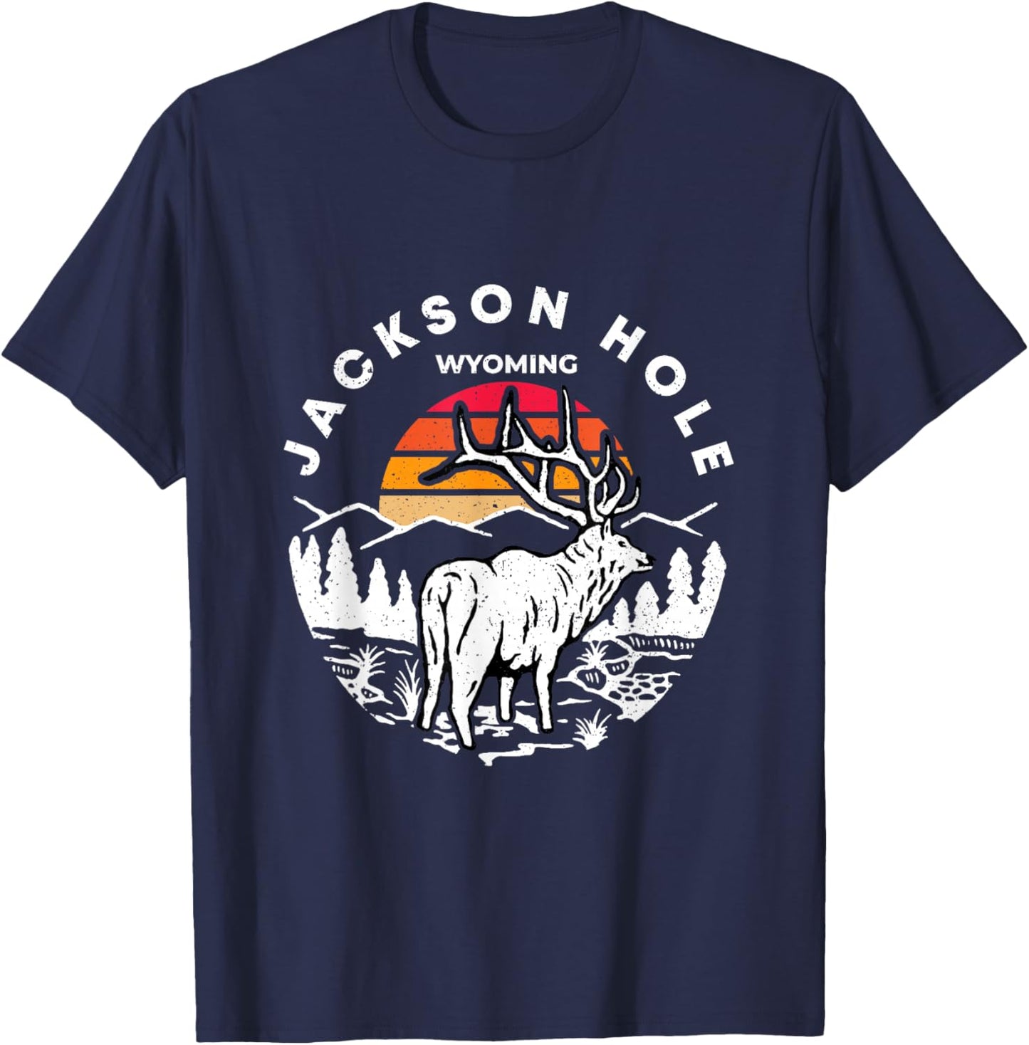 A Buck In Retro Sunset Jackson Hole Wyoming Outdoor T-Shirt - T-Shirt | Navy