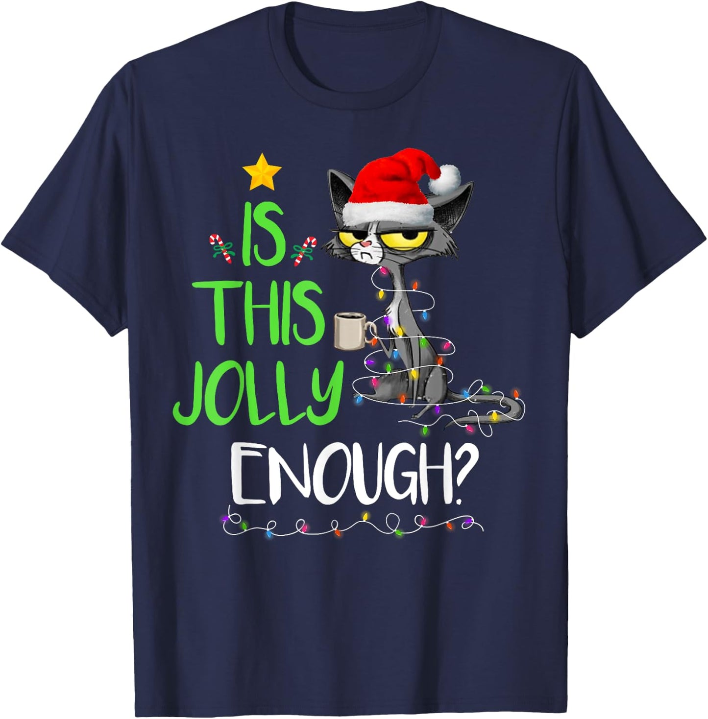 Is This Jolly Enough Black Cat Merry Christmas Tree Lights Women Kids T-Shirt - T-Shirt | Navy