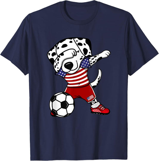 Dabbing Dalmatian America Soccer Fan Jersey US Flag Football T-Shirt - T-Shirt | Navy
