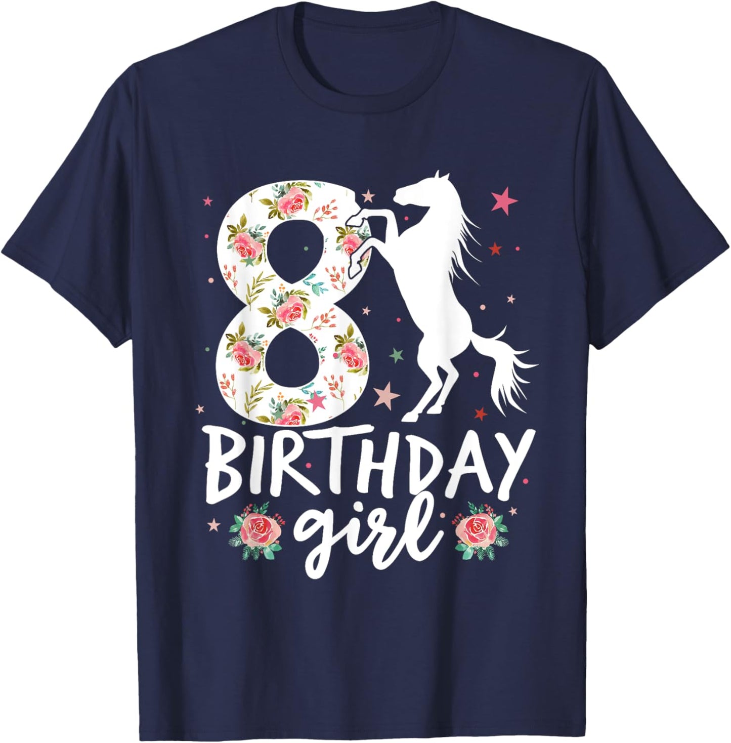 Floral Horse Birthday 8th Birthday 8 Years Old horse girl T-Shirt - T-Shirt | Navy