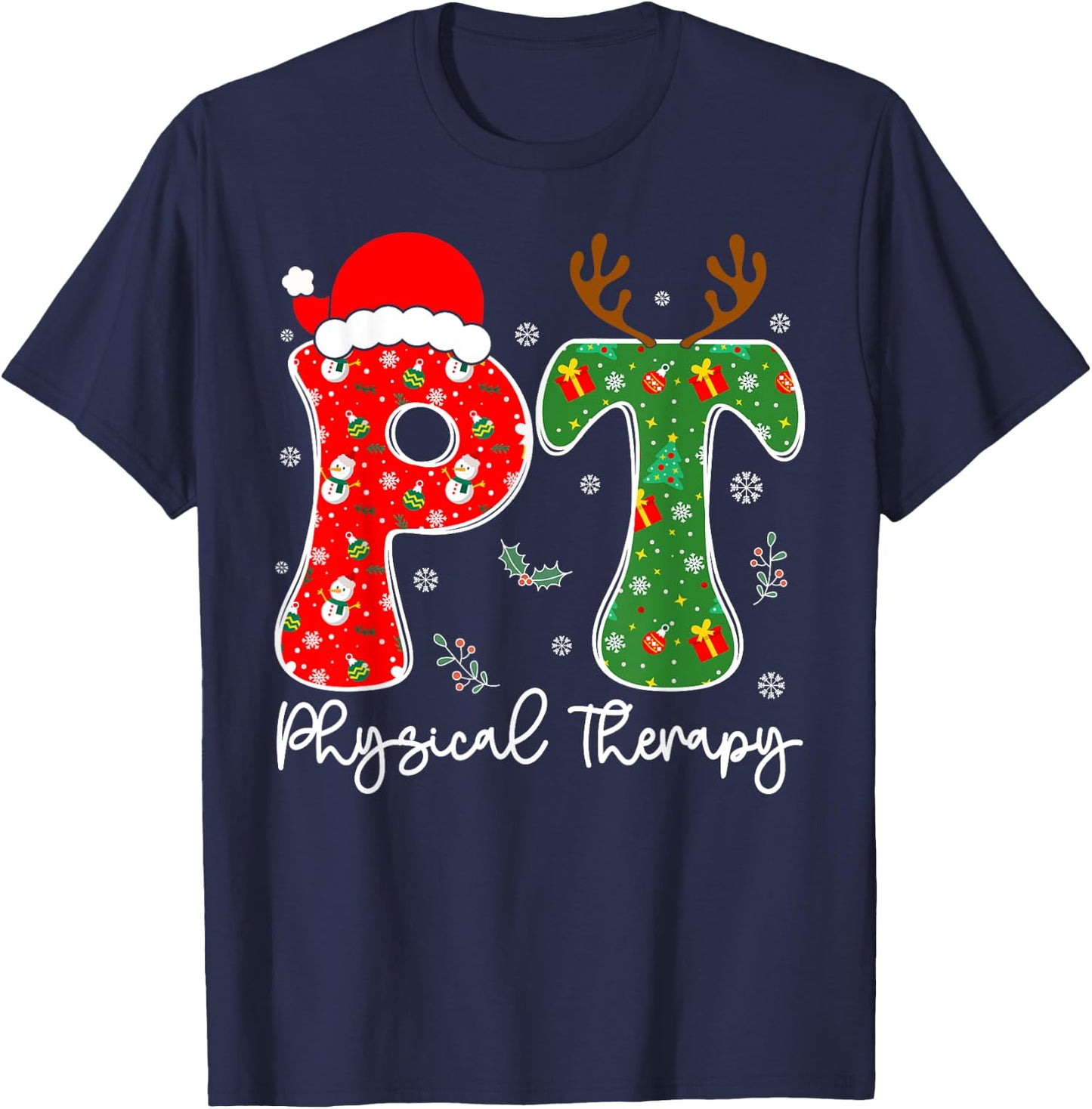 Funny Physical Therapy Christmas Santa Hat PT Therapist Xmas T-Shirt - T-Shirt | Navy