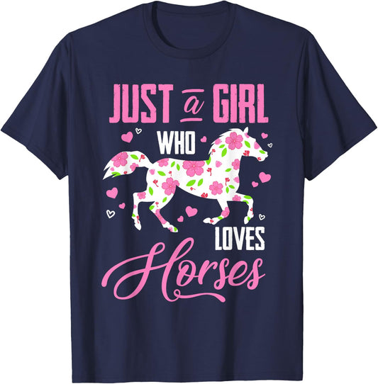 Just A Girl Who Loves Horses Floral Horse Equestrian Quote T-Shirt - T-Shirt | Navy
