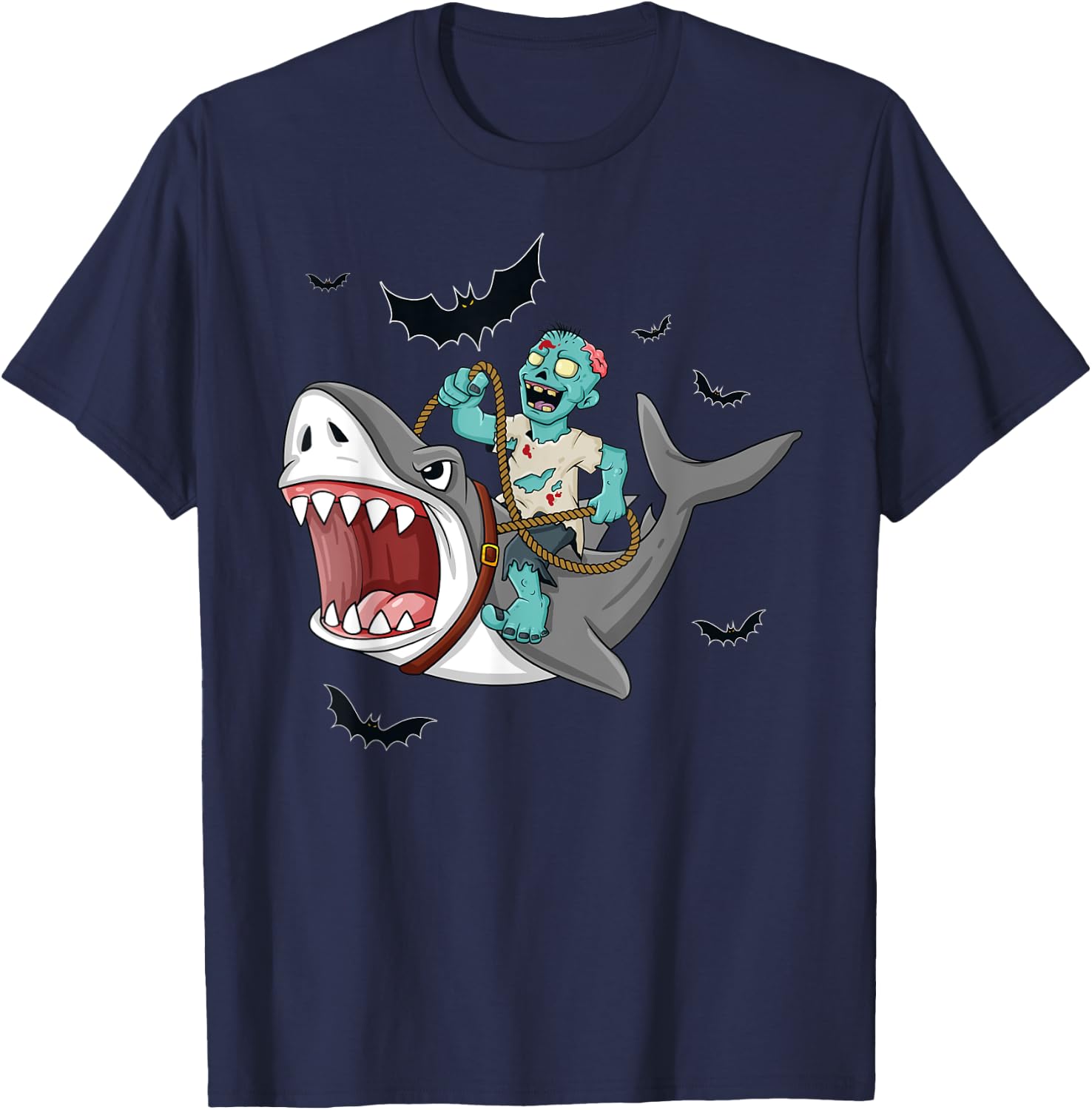 Halloween Zombie Riding Shark Funny Boys Girls Kids T-Shirt - T-Shirt | Navy