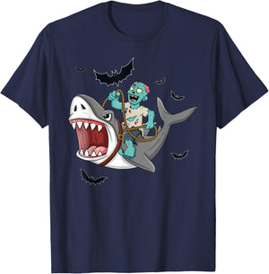 Halloween Zombie Riding Shark Funny Boys Girls Kids T-Shirt - T-Shirt | Navy