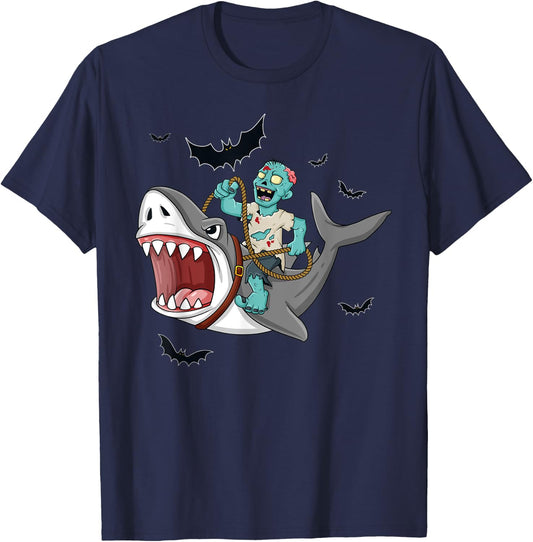 Halloween Zombie Riding Shark Funny Boys Girls Kids T-Shirt - T-Shirt | Navy