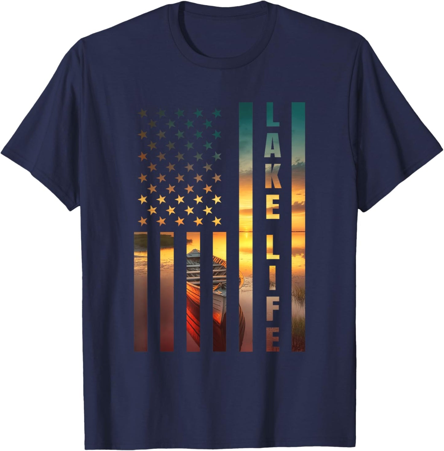 Lake Life Fisherman Sunset American Flag Bass Fishing Boat T-Shirt - T-Shirt | Navy