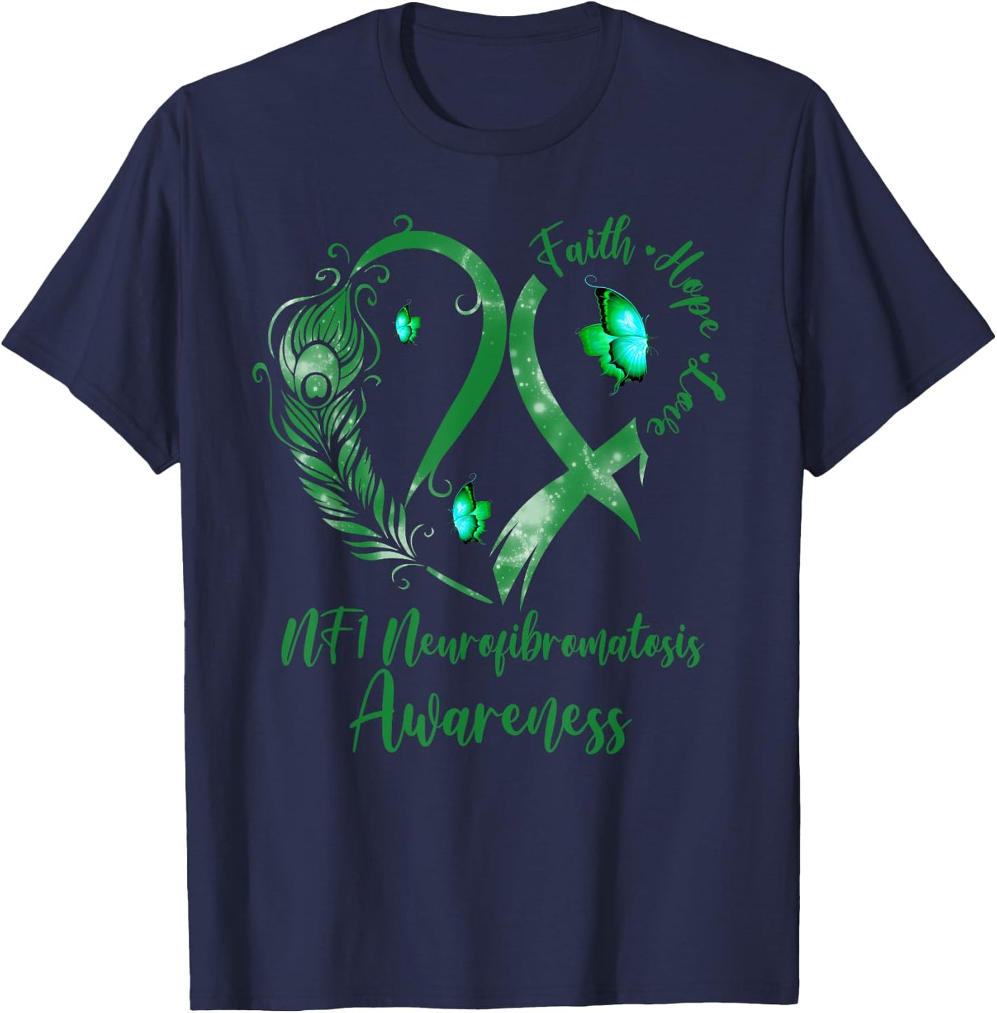 Tu Heart Butterfly Green Ribbon NF1 Awareness T-Shirt - T-Shirt | Navy