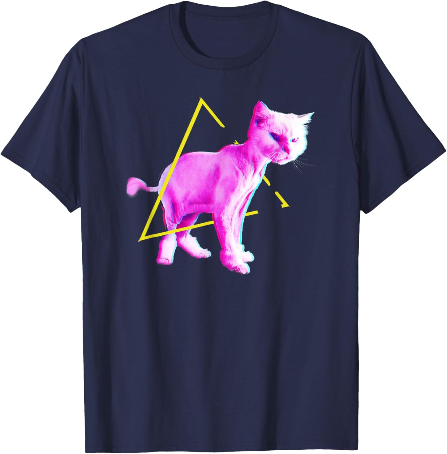 Funny Cat Synthwave Vaporwave Triangle 70s 80s Retrowave Cat T-Shirt - T-Shirt | Navy