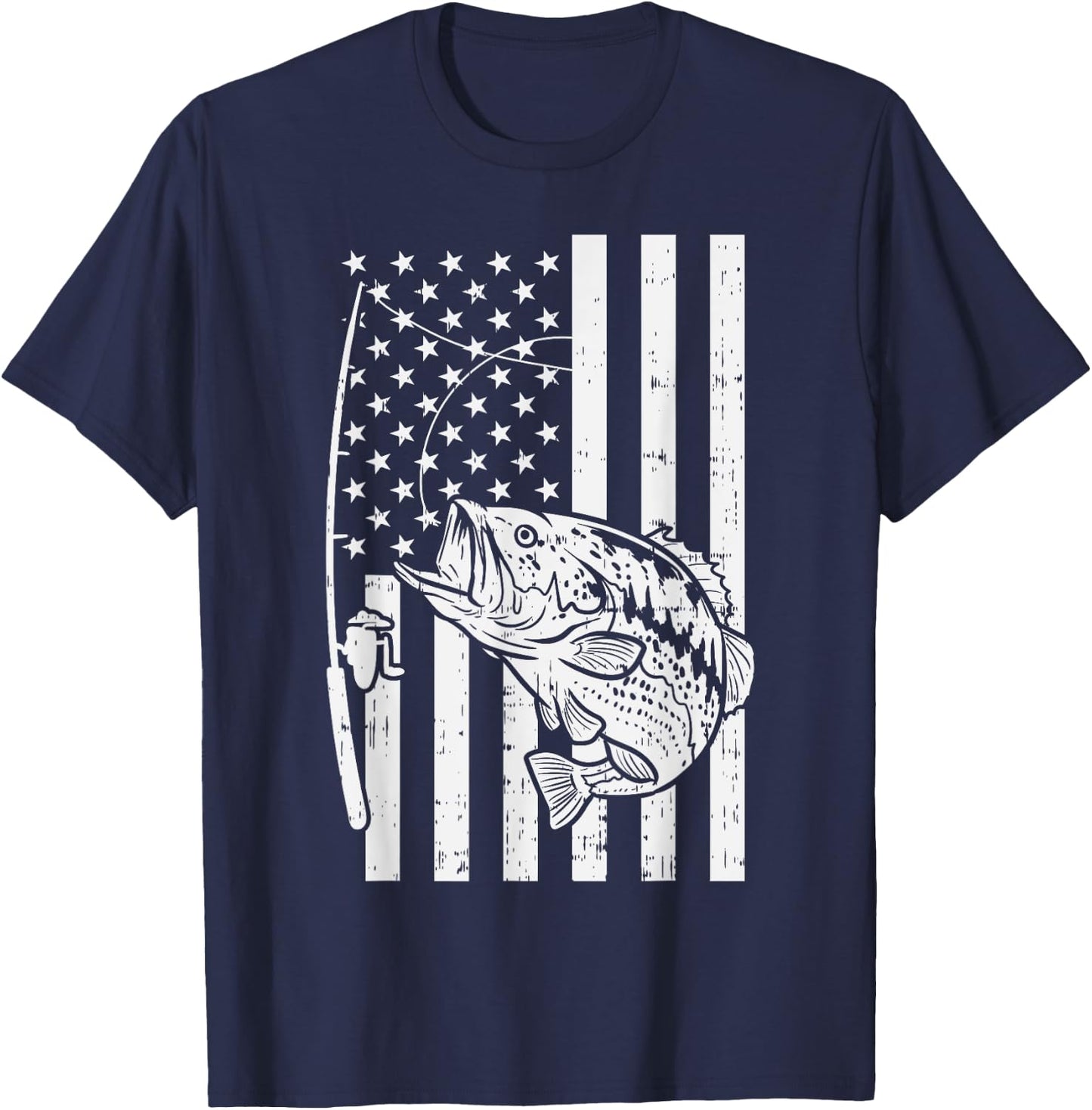American Flag Bass Fishing Vintage Patriotic Fisherman Gift T-Shirt - T-Shirt | Navy