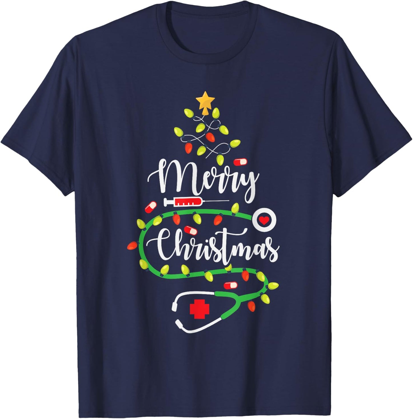 Merry Christmas Cute Registered Nurse Medical Stethoscope T-Shirt - T-Shirt | Navy