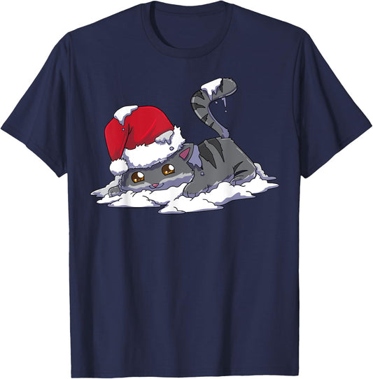 Christmas Anime Kawaii Neko Cat T-Shirt - T-Shirt | Navy