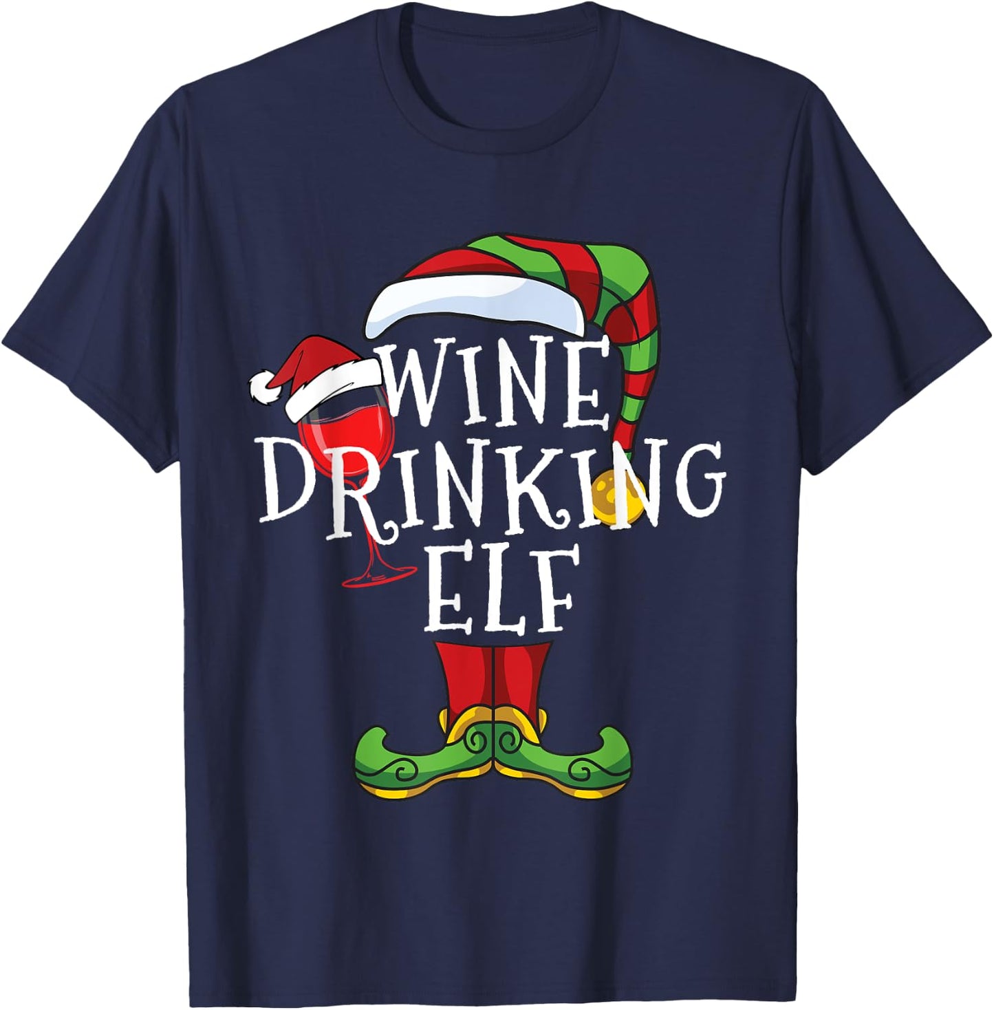 Wine Drinking Elf Lover Family Matching Christmas Funny T-Shirt - T-Shirt | Navy