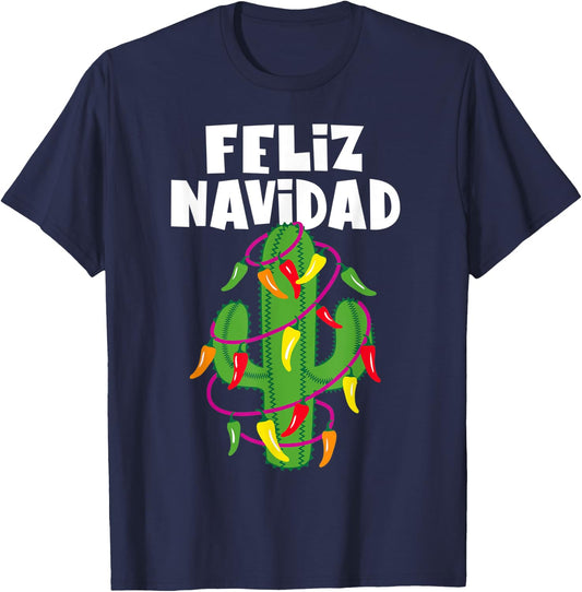 Funny Feliz Navidad Cactus Tree & Lights Spanish Pajama Top T-Shirt - T-Shirt | Navy