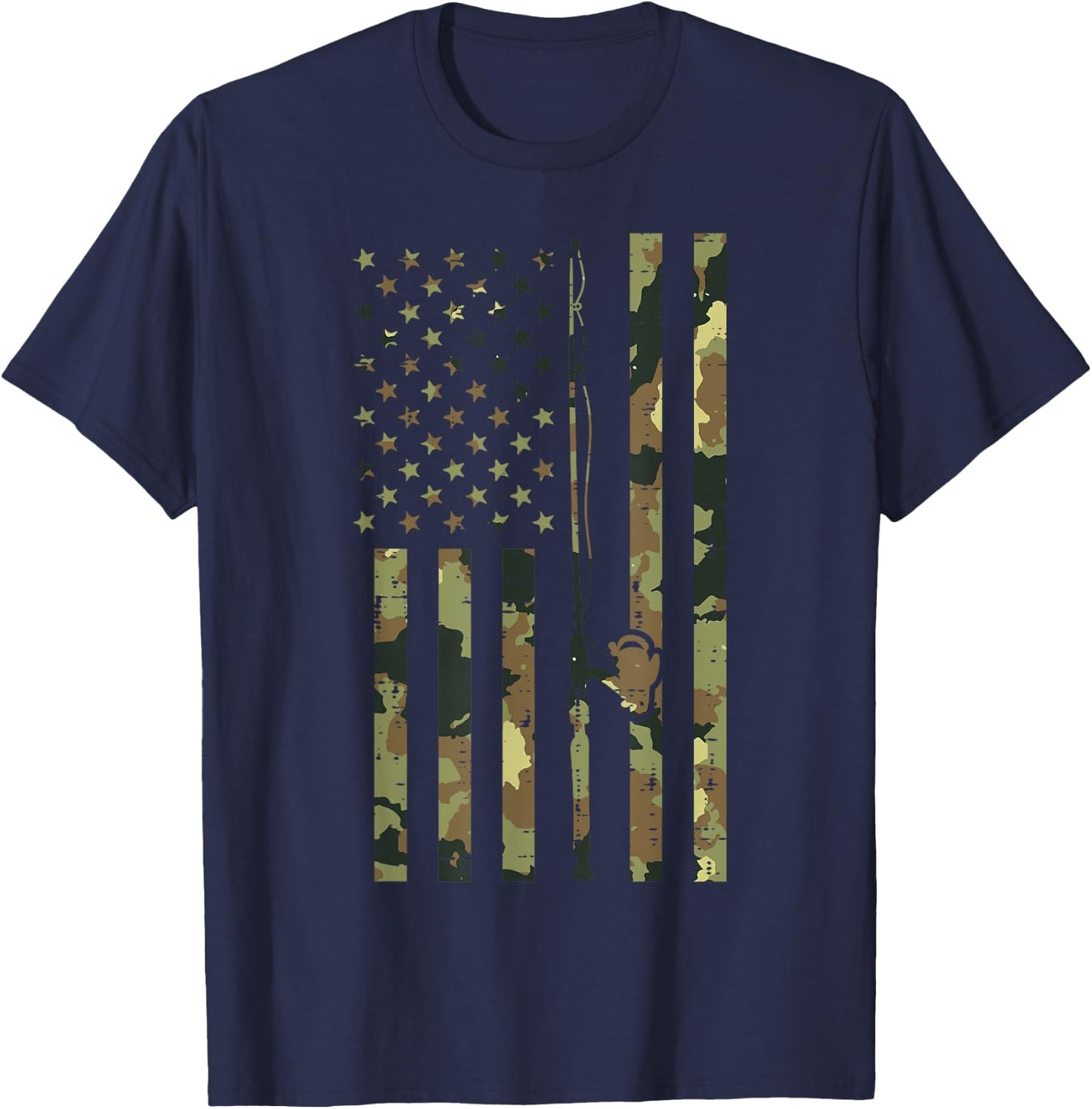 Camo US Flag Fishing Rod Pole Vintage Patriotic Fisherman T-Shirt - T-Shirt | Navy