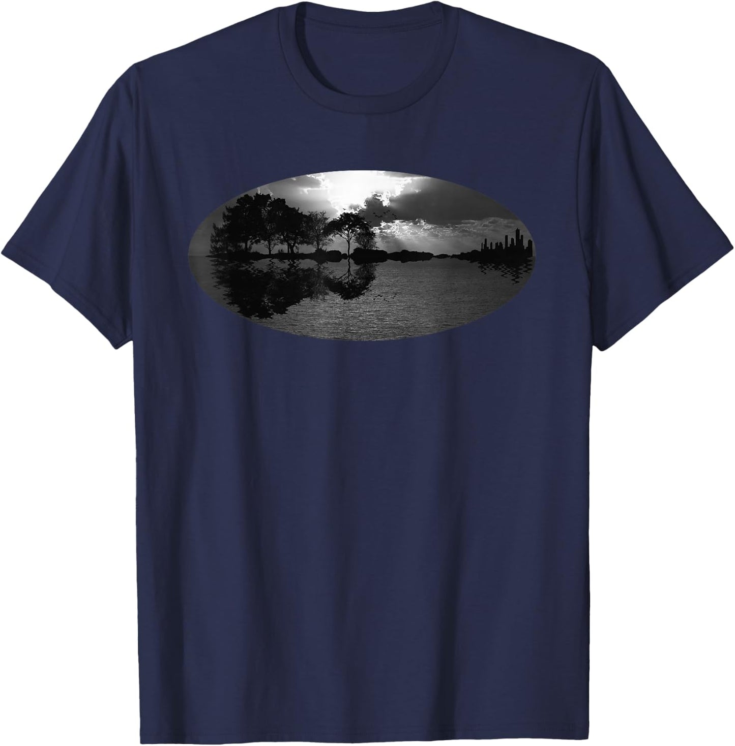 Guitar Sunset Sky Trees City Water Reflection Special Design T-Shirt - T-Shirt | Navy