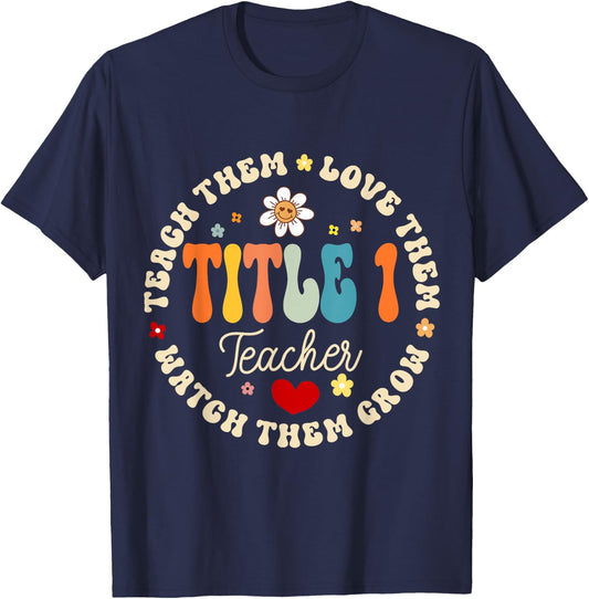 Groovy Title 1 teacher squad cute title 1 Reading Men Women Kids T-Shirt - T-Shirt | Navy