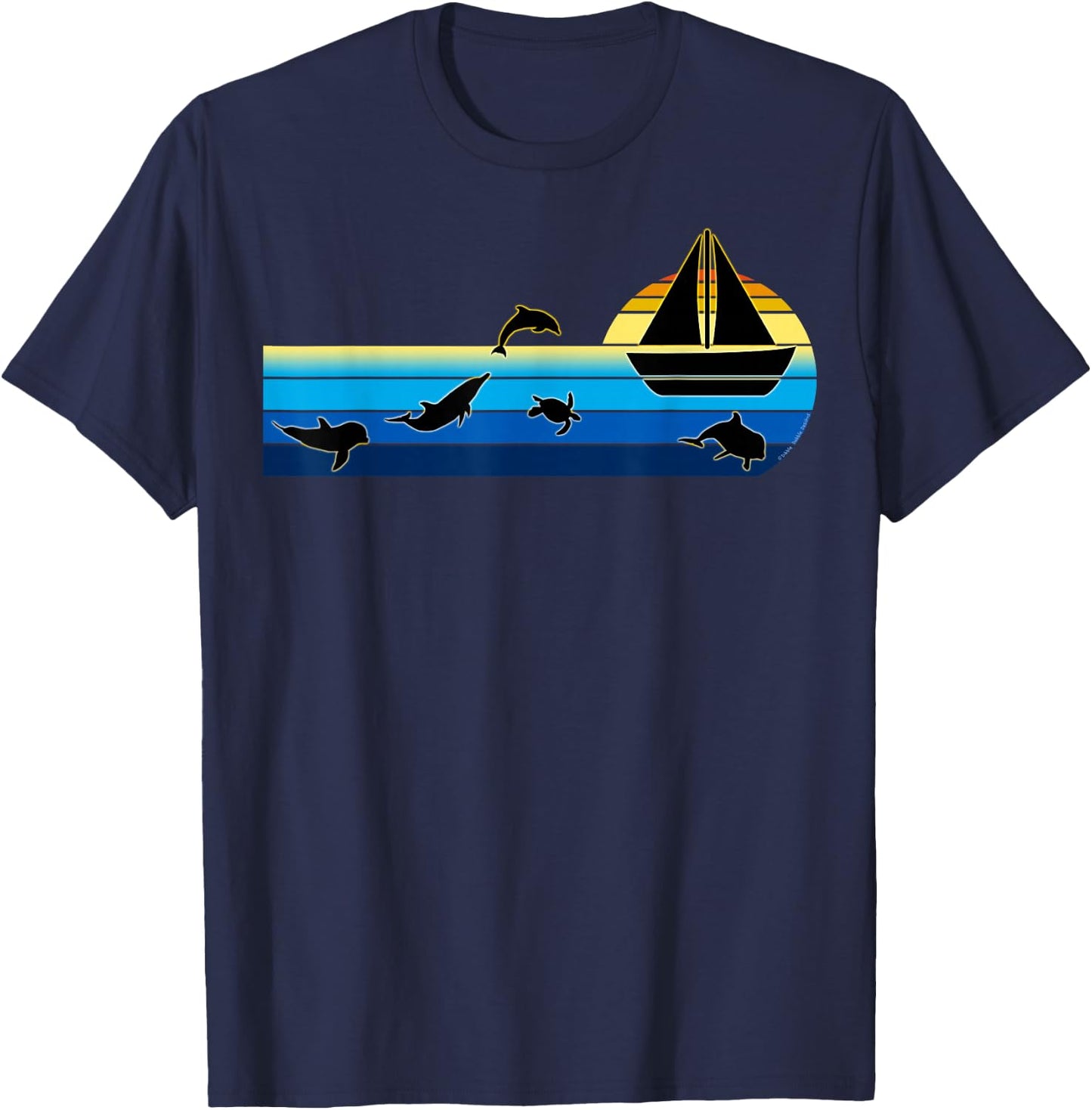 Nautical Sunrise Sailboat with Dolphins Beach Summer Sailing T-Shirt - T-Shirt | Navy