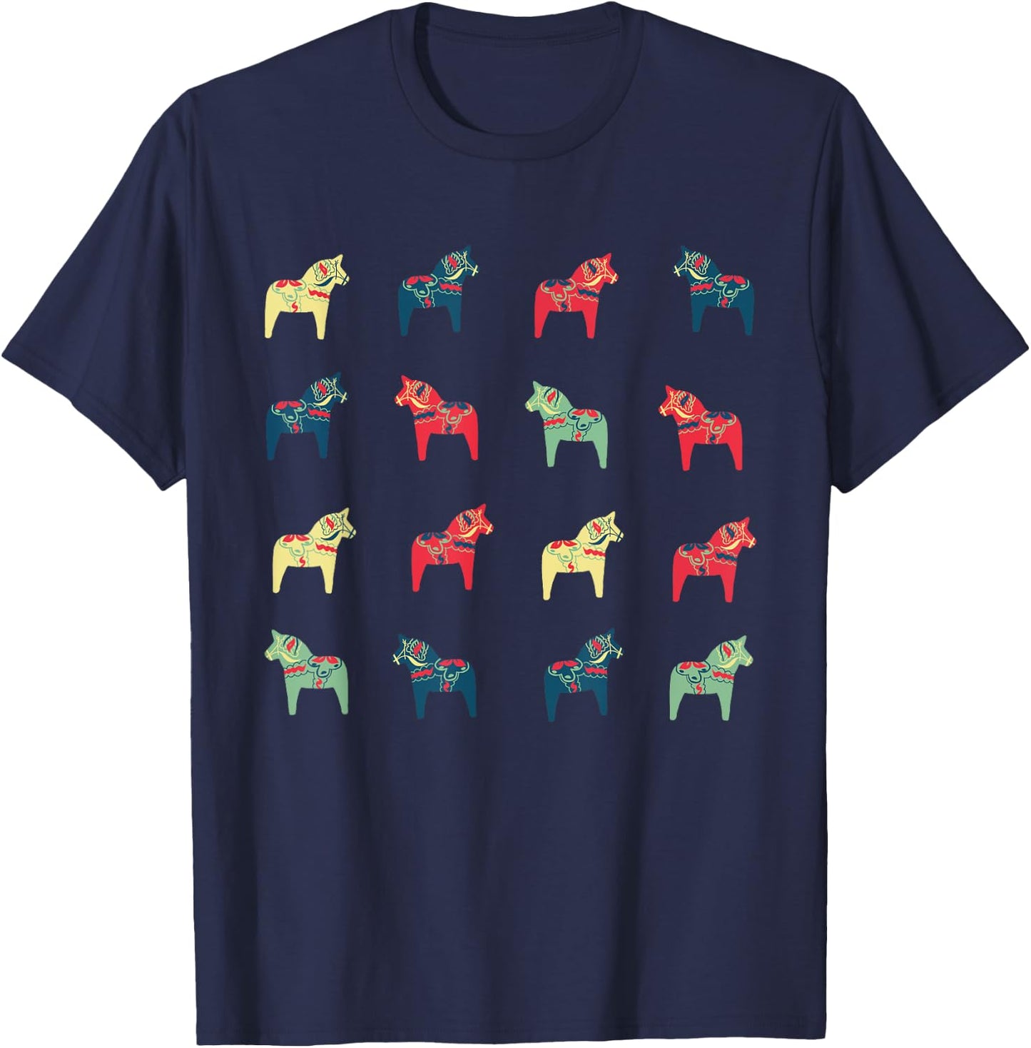 Swedish Dala Horses Dalecarlian Adults Black Small Modern Cartoon Embroidery Short Sleeve T-Shirt - T-Shirt | Navy