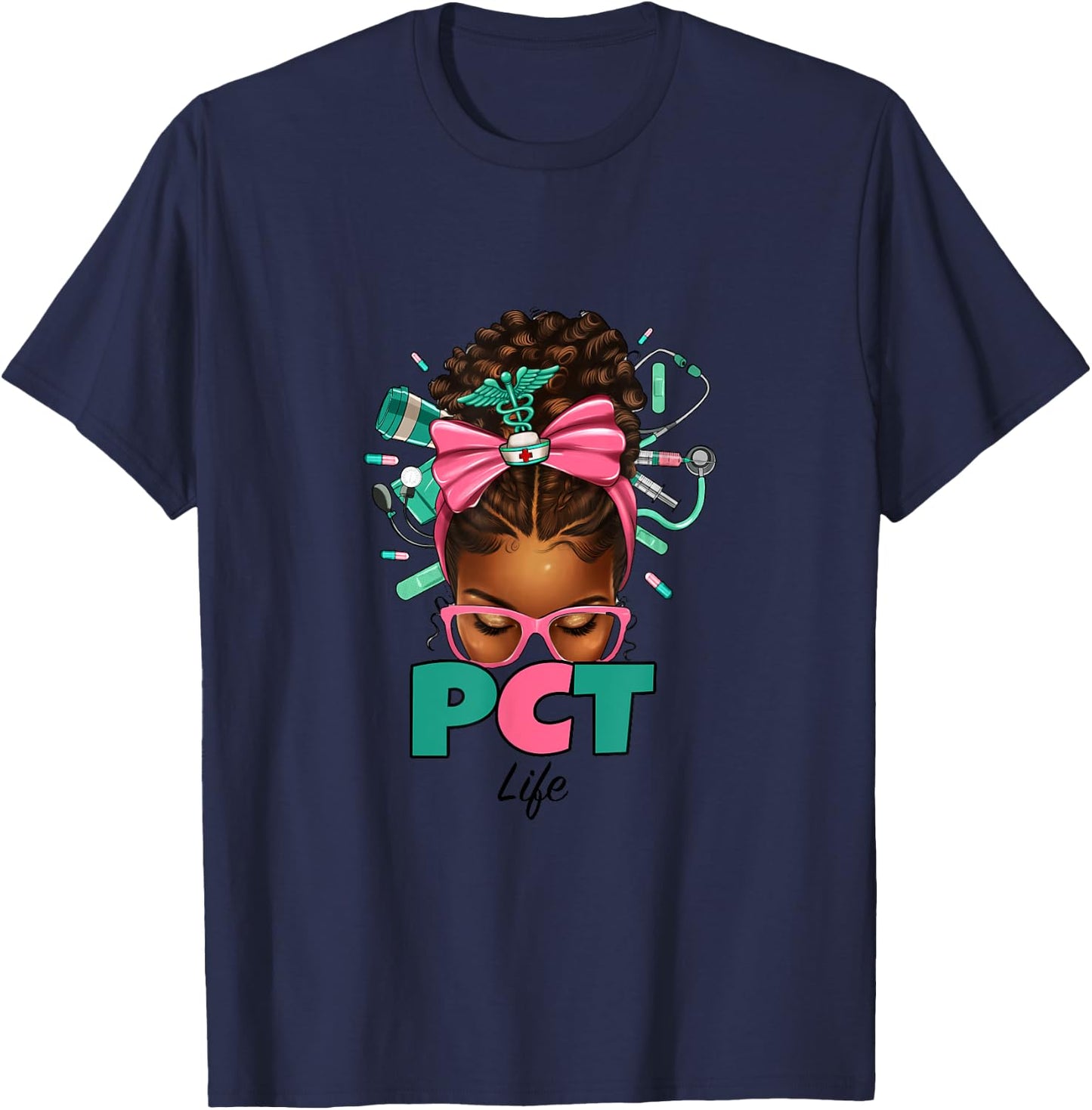 PCT Patient Care Technician Messy Bun African American Women T-Shirt - T-Shirt | Navy