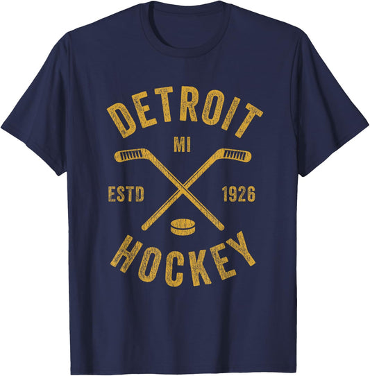 Vintage Detroit MI Ice Hockey Sticks Detroit Hockey T-Shirt - T-Shirt | Navy