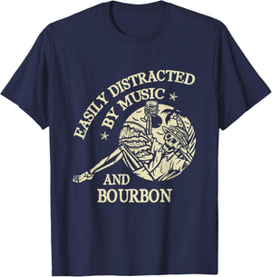 Easily Distracted By Music And Bourbon Skeleton T-Shirt - T-Shirt | Navy