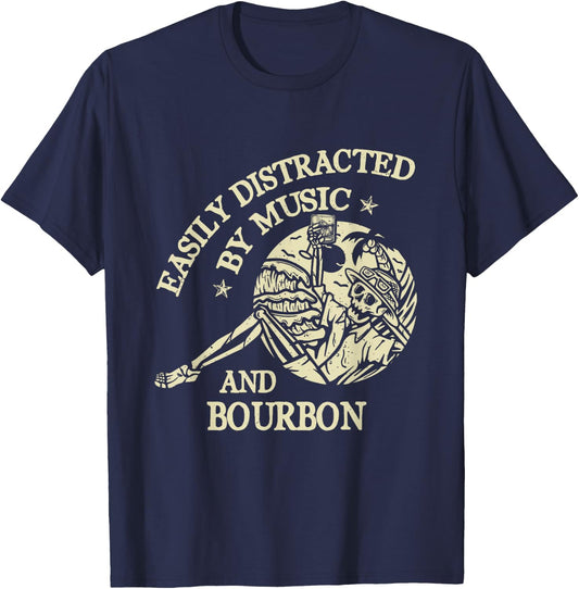 Easily Distracted By Music And Bourbon Skeleton T-Shirt - T-Shirt | Navy